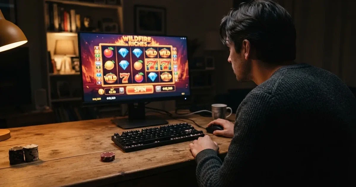 Hráč u obrazovky počítače, na které je otevřené online casino s nápisem v angličtině, vedle leží český občanský průkaz