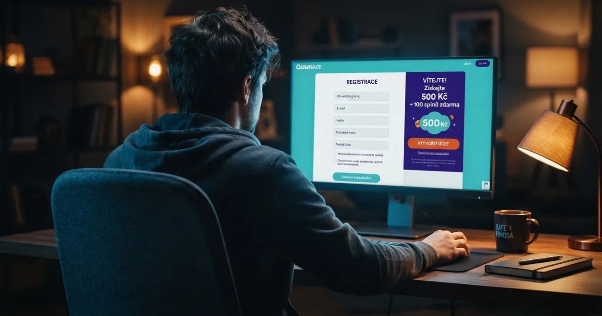 Hráč u počítače si prohlíží nabídku online casina s bonusem za registraci, na obrazovce je vidět registrační formulář a zvýrazněná uvítací nabídka